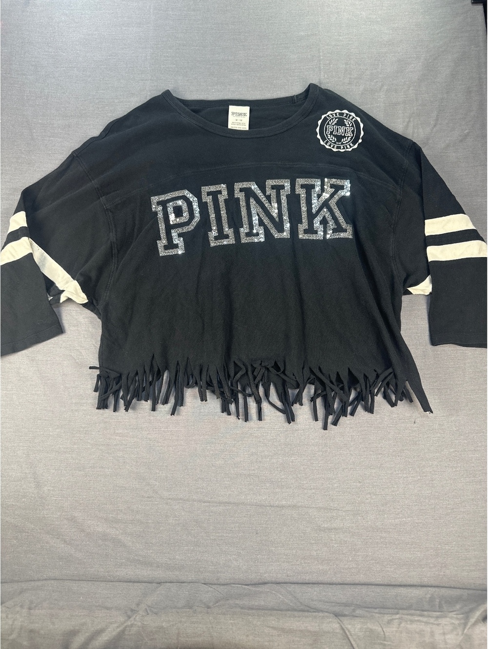 PINK Victoria's Secret Women Crop Top Medium Black Fringe Cotton